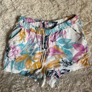C&C California Tropical Floral White Pink Blue Linen Shorts Women’s Large